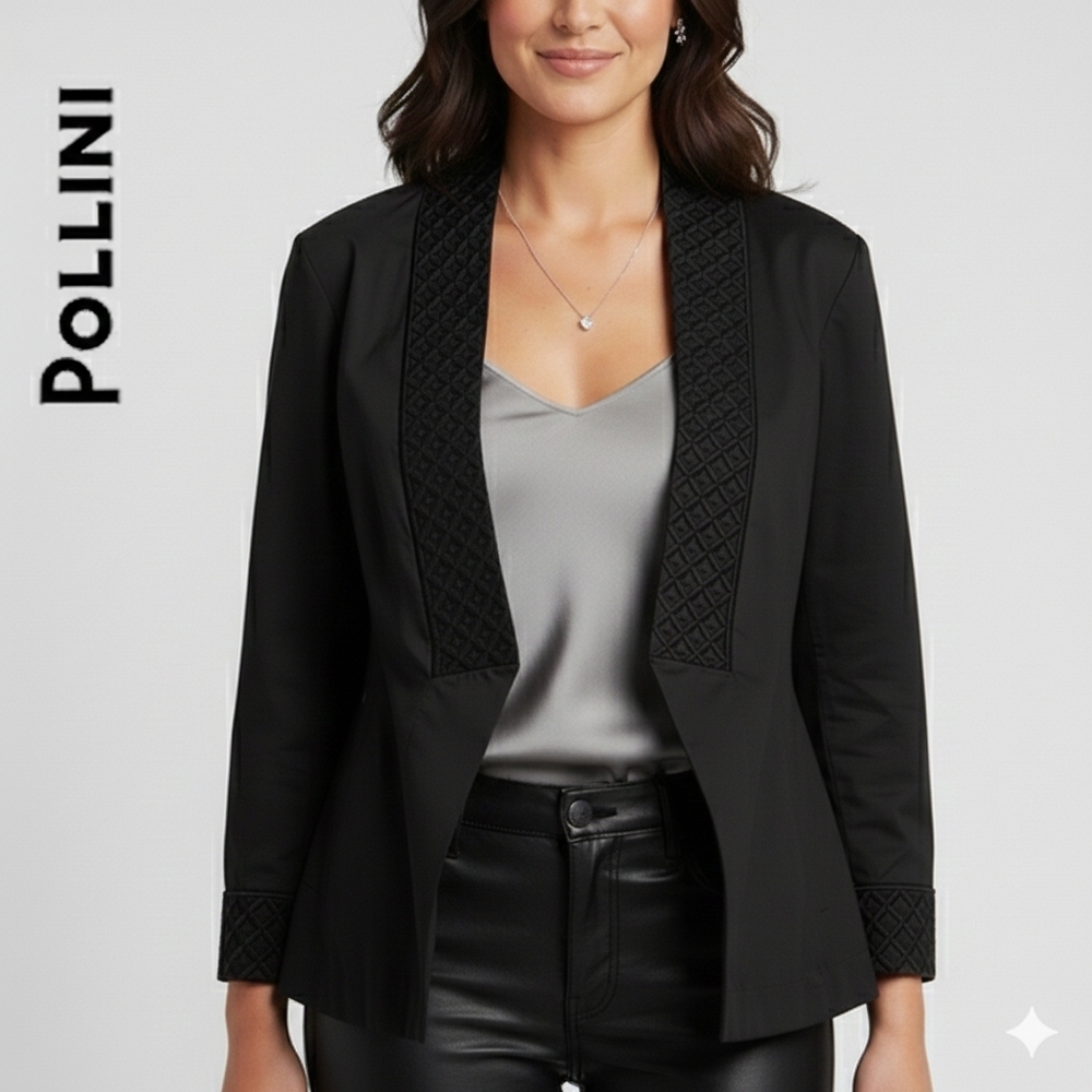 Sz 8 Pollini 100% Cotton Made in Italy Women's Black Open Front Blazer Jacket